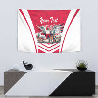 Red and white eagle tapestry flag with 'Your Text' and city scene graphic