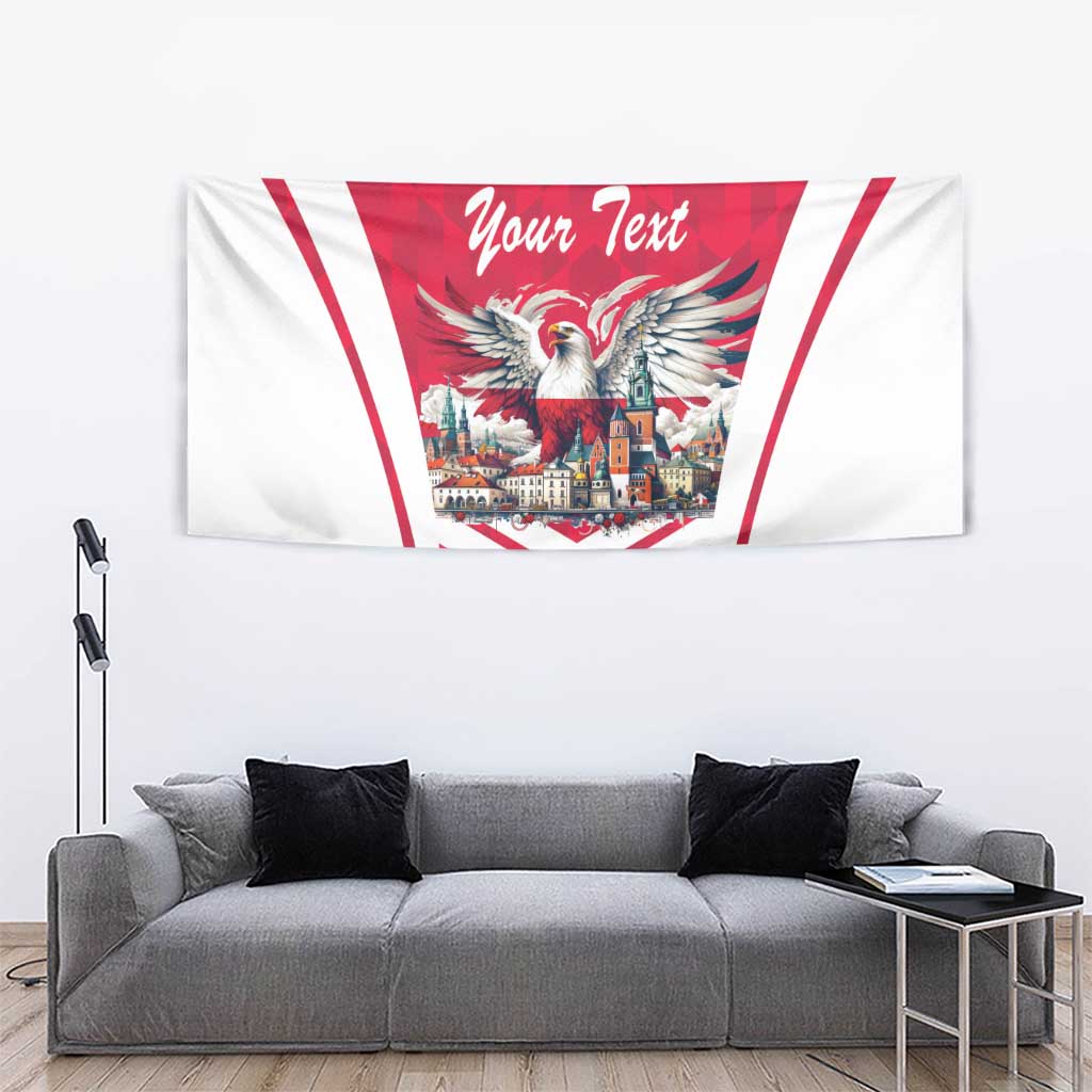 Personalized eagle tapestry flag in red and white with 'Your Text' headline
