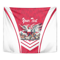 Close-up red and white eagle tapestry flag with 'Your Text' above city graphic