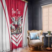 Red and white window curtain panel with eagle emblem and city skyline, “Your Text”