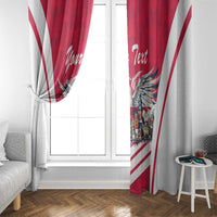 Red and white window curtain panels with eagle, city skyline, and “Your Text”