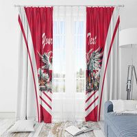 Red and white window curtain panels with eagle and city skyline, “Your Text” on center