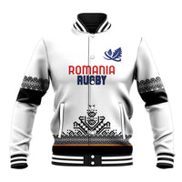 White rugby baseball jacket with stand collar, button front, Romania Rugby logo and leaf crest