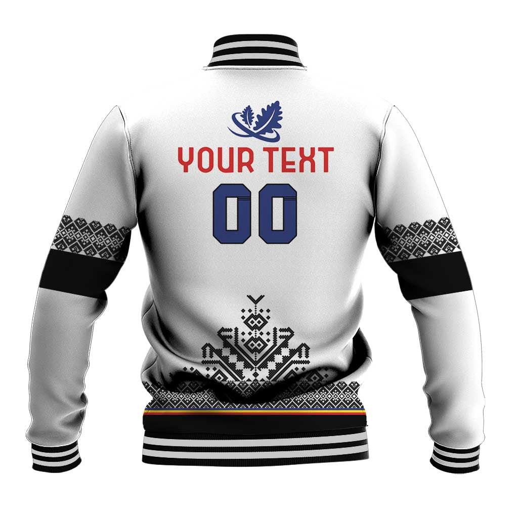 White rugby baseball jacket back with Your Text 00, blue leaf crest, patterned yoke