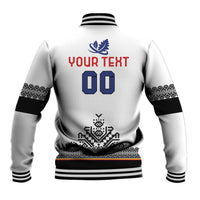 White rugby baseball jacket back with Your Text 00, blue leaf crest, patterned yoke