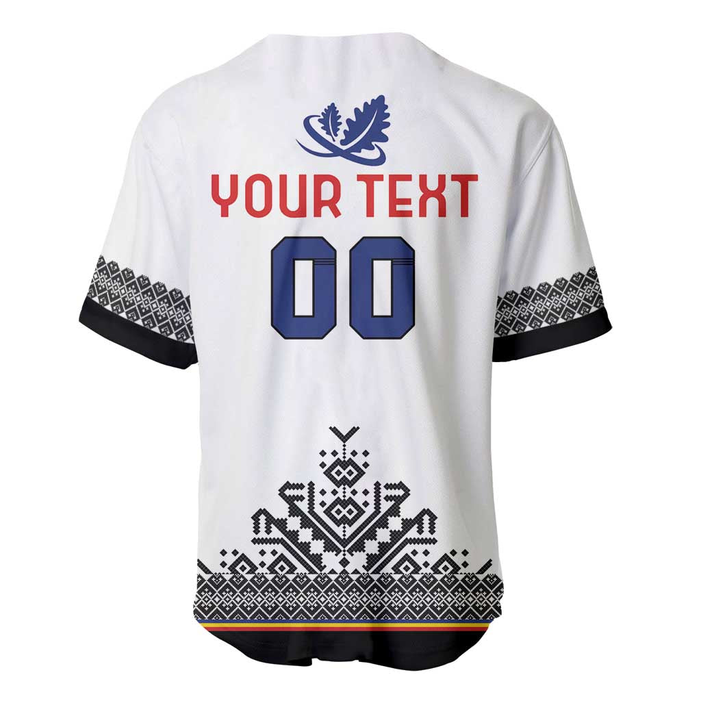 White rugby baseball jersey back with blue “00”, leaf emblem, black patterned sleeves and hem