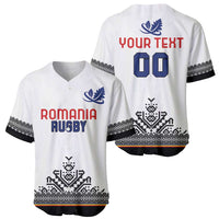White custom rugby jersey front and back; “ROMANIA RUGBY” and “YOUR TEXT 00” with crest