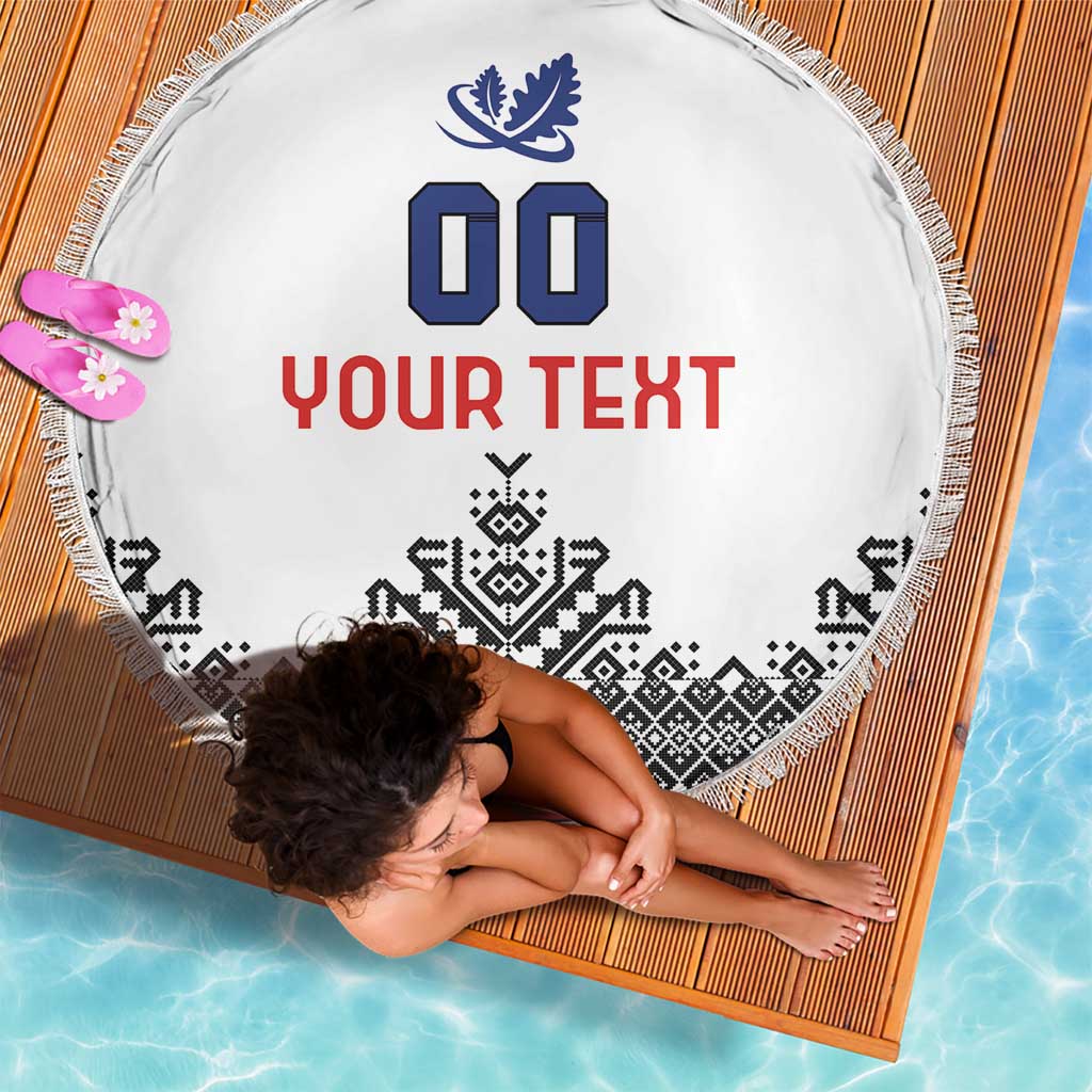 Round white beach blanket with fringe, blue emblem, YOUR TEXT and black geometric border