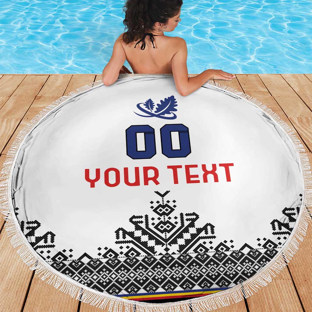 Round white beach blanket with fringe, blue emblem, YOUR TEXT and black patterned edge
