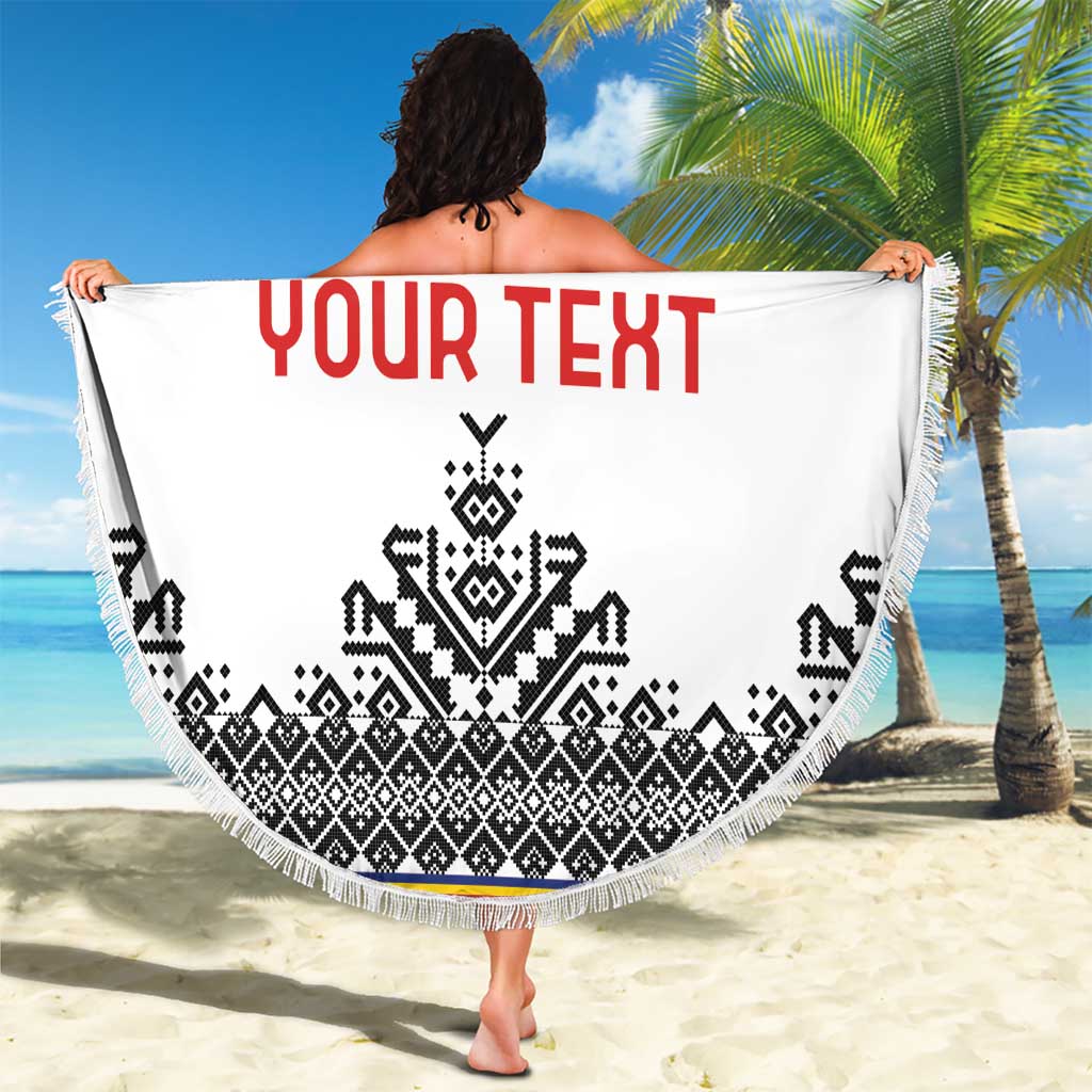 Round white beach blanket with fringe, blue emblem and 00, YOUR TEXT, black folk border