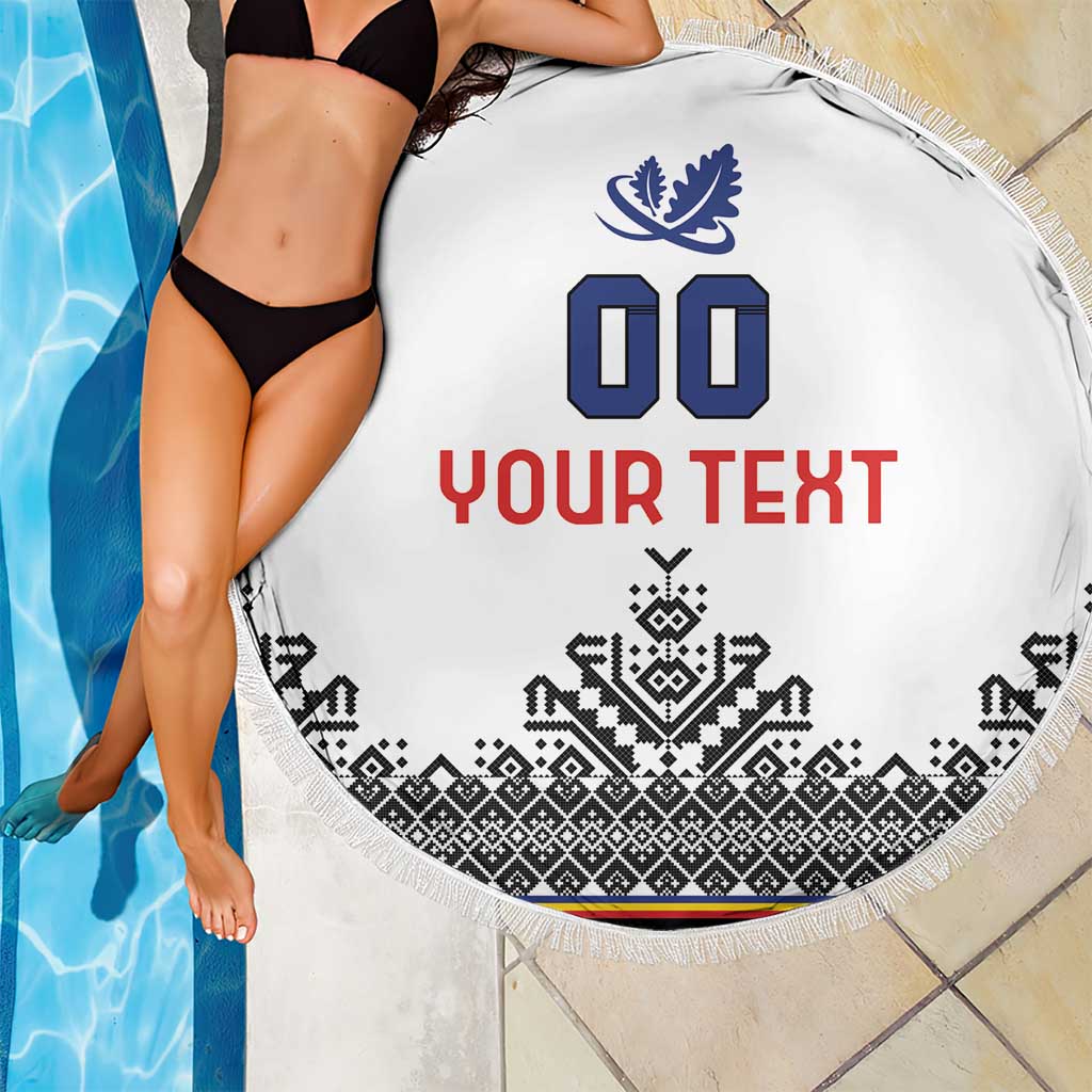 Round white beach blanket with fringe, blue 00 and YOUR TEXT, black geometric band
