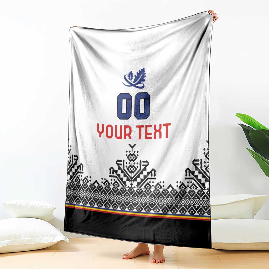 Hanging white blanket with blue crest, 00, red YOUR TEXT, black patterned lower band and stripe