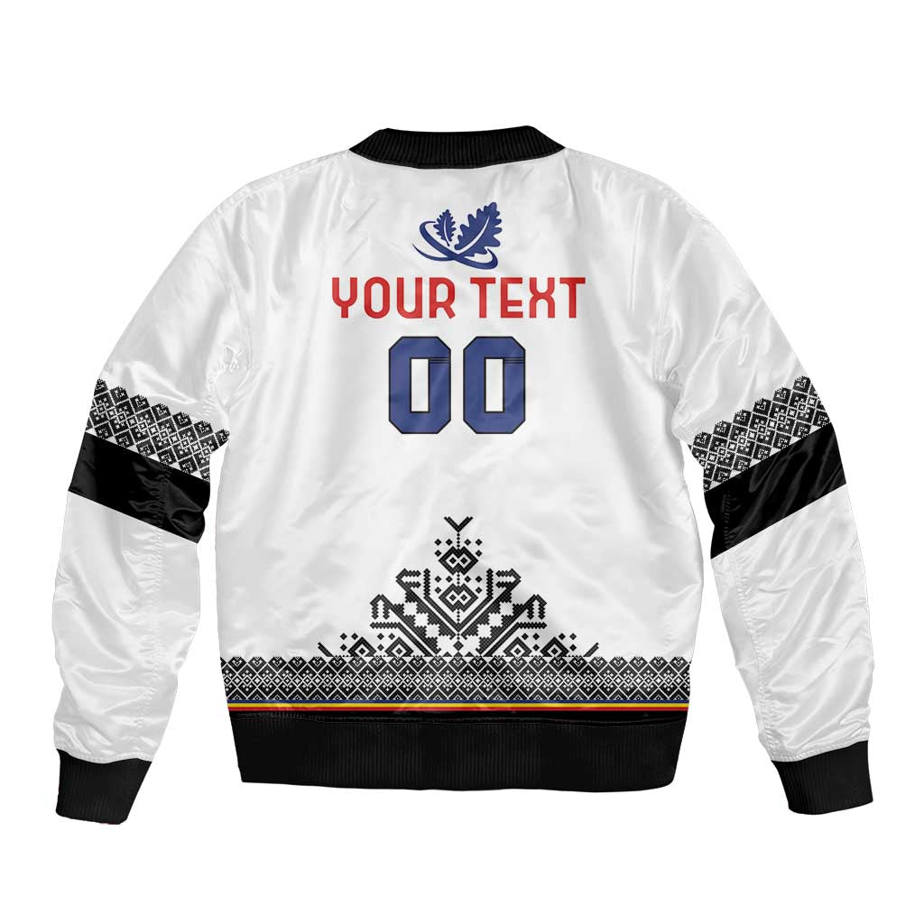 White rugby bomber jacket with black ribbed hem and back design reading YOUR TEXT 00