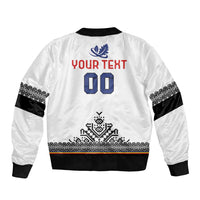 White rugby bomber jacket with black ribbed hem and back design reading YOUR TEXT 00