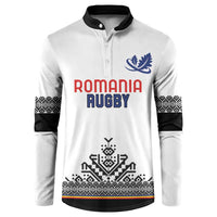 White rugby button sweatshirt with blue leaf logo, Romania Rugby front print and patterned hem