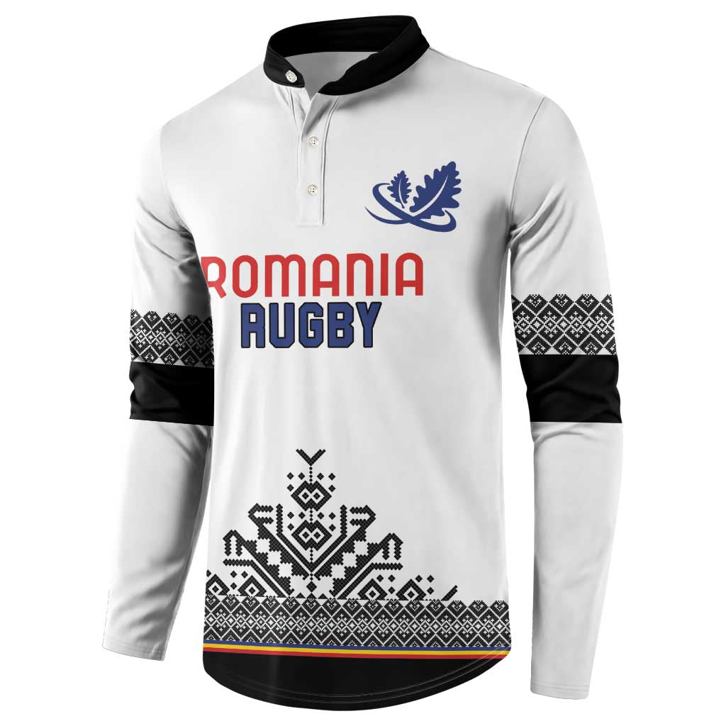 White rugby button sweatshirt with Romania Rugby front text, blue leaf and geometric stripe hem
