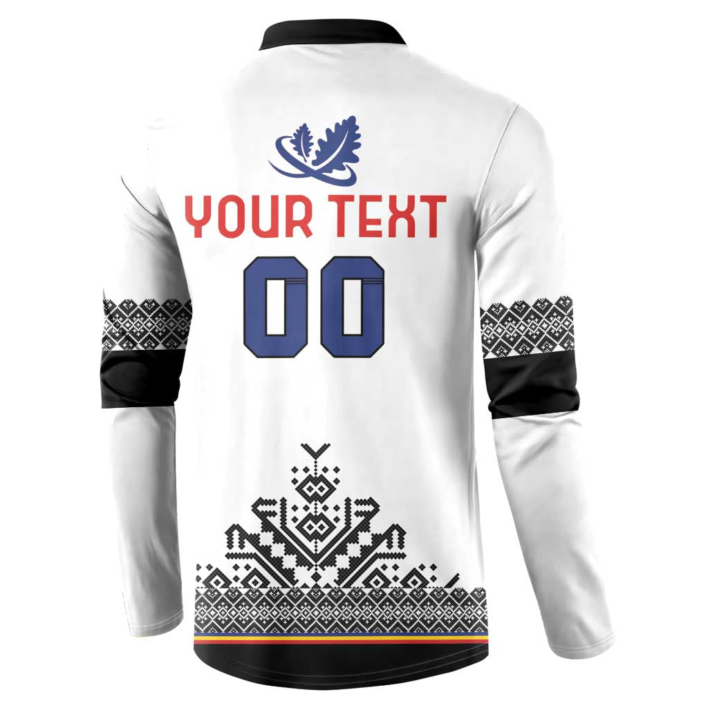 Back of white rugby button sweatshirt with blue leaf, YOUR TEXT 00, and geometric pattern