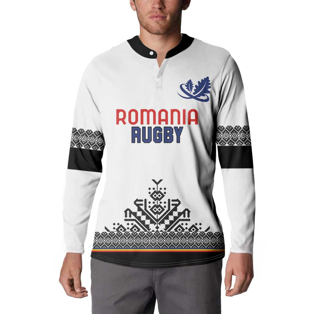 White rugby button sweatshirt with black-trimmed collar and sleeves, Romania Rugby front graphic