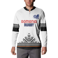 White rugby button sweatshirt with black-trimmed collar and sleeves, Romania Rugby front graphic