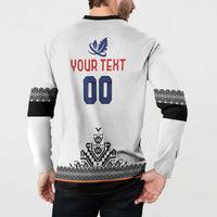 Back view white rugby button sweatshirt with YOUR TEXT 00, blue leaf logo, geometric trim