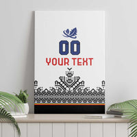 White canvas wall art with blue “00” and red “Your Text” rugby-style graphic, black border