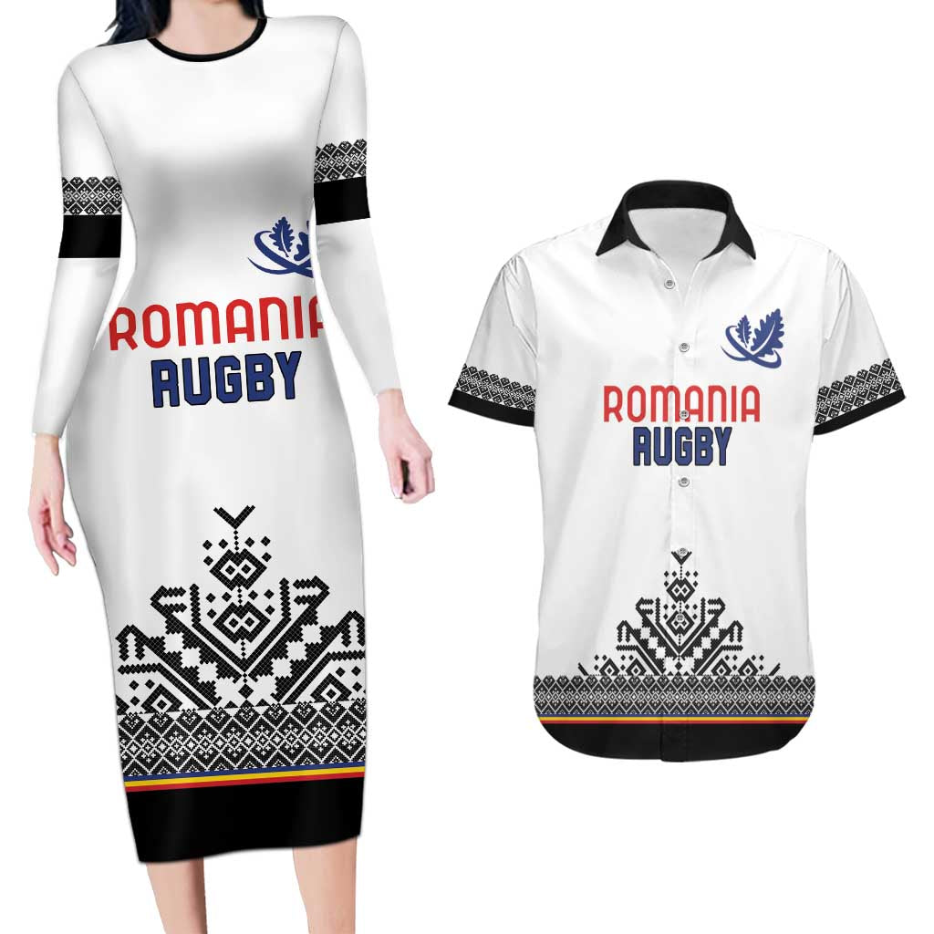 Custom Romania Rugby Couples Matching Long Sleeve Bodycon Dress and Hawaiian Shirt White Version Retro Style