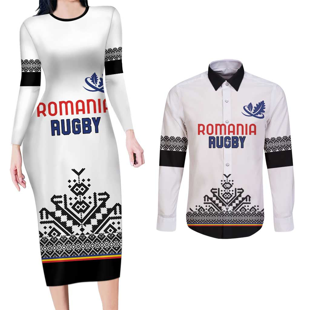 Custom Romania Rugby Couples Matching Long Sleeve Bodycon Dress and Long Sleeve Button Shirt White Version Retro Style