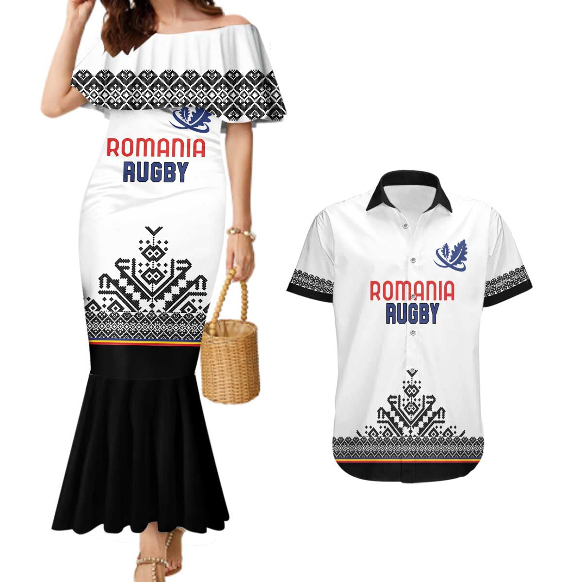 Custom Romania Rugby Couples Matching Mermaid Dress and Hawaiian Shirt White Version Retro Style