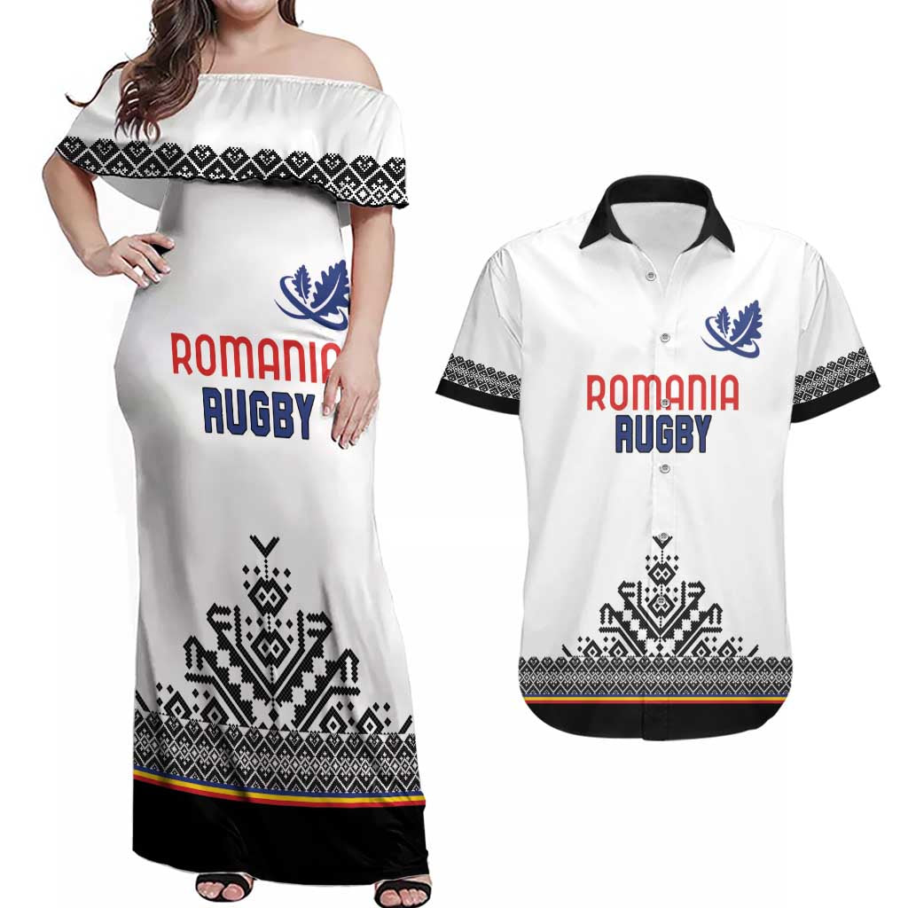 Custom Romania Rugby Couples Matching Off Shoulder Maxi Dress and Hawaiian Shirt White Version Retro Style