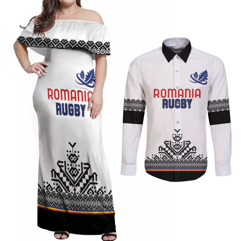 Custom Romania Rugby Couples Matching Off Shoulder Maxi Dress and Long Sleeve Button Shirt White Version Retro Style