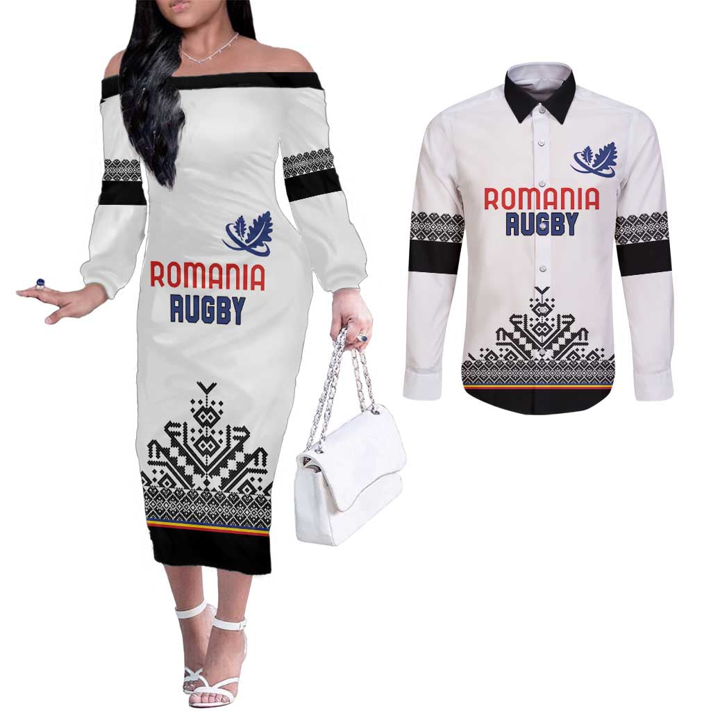 Custom Romania Rugby Couples Matching Off The Shoulder Long Sleeve Dress and Long Sleeve Button Shirt White Version Retro Style