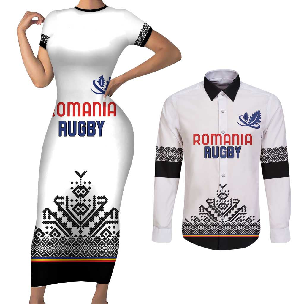 Custom Romania Rugby Couples Matching Short Sleeve Bodycon Dress and Long Sleeve Button Shirt White Version Retro Style