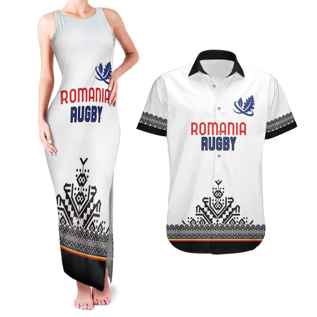 Custom Romania Rugby Couples Matching Tank Maxi Dress and Hawaiian Shirt White Version Retro Style