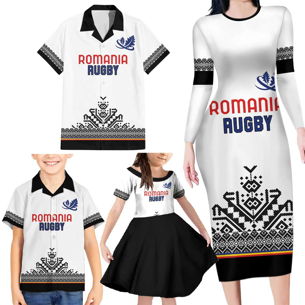 Custom Romania Rugby Family Matching Long Sleeve Bodycon Dress and Hawaiian Shirt White Version Retro Style