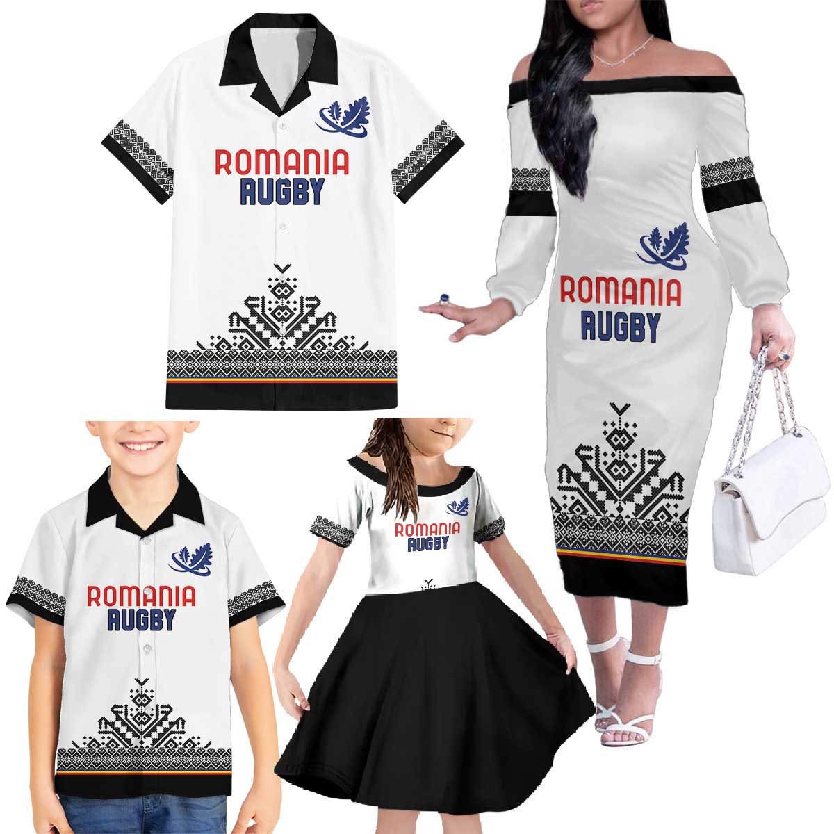 Custom Romania Rugby Family Matching Off The Shoulder Long Sleeve Dress and Hawaiian Shirt White Version Retro Style