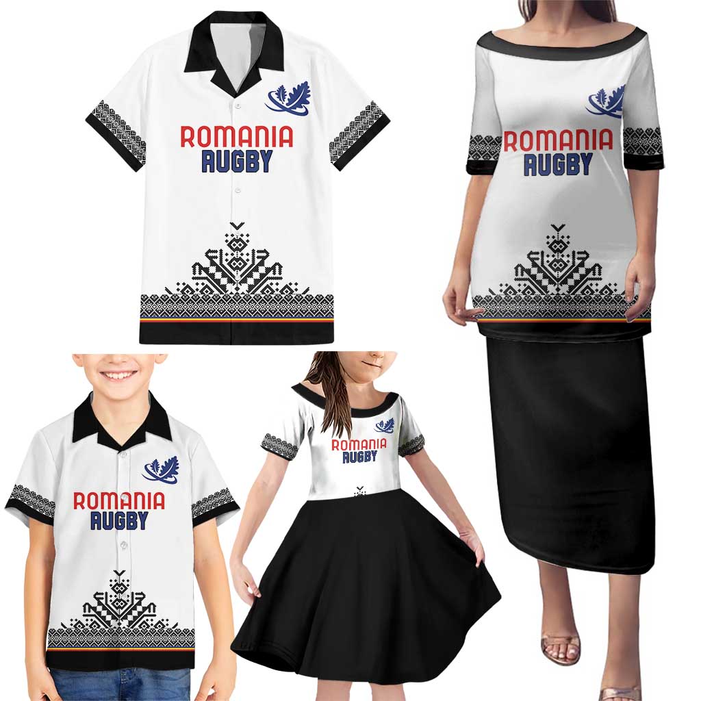 Custom Romania Rugby Family Matching Puletasi and Hawaiian Shirt White Version Retro Style