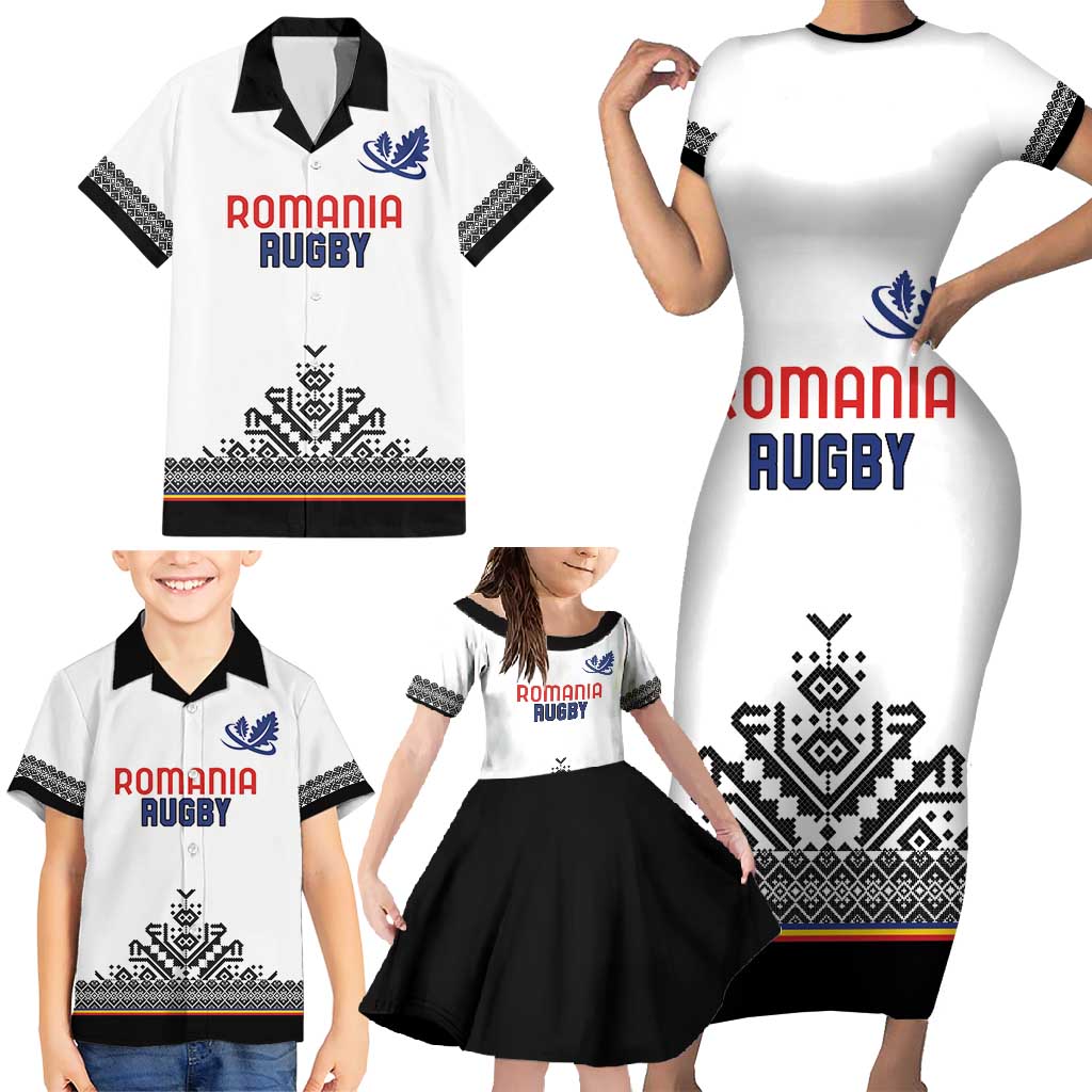 Custom Romania Rugby Family Matching Short Sleeve Bodycon Dress and Hawaiian Shirt White Version Retro Style