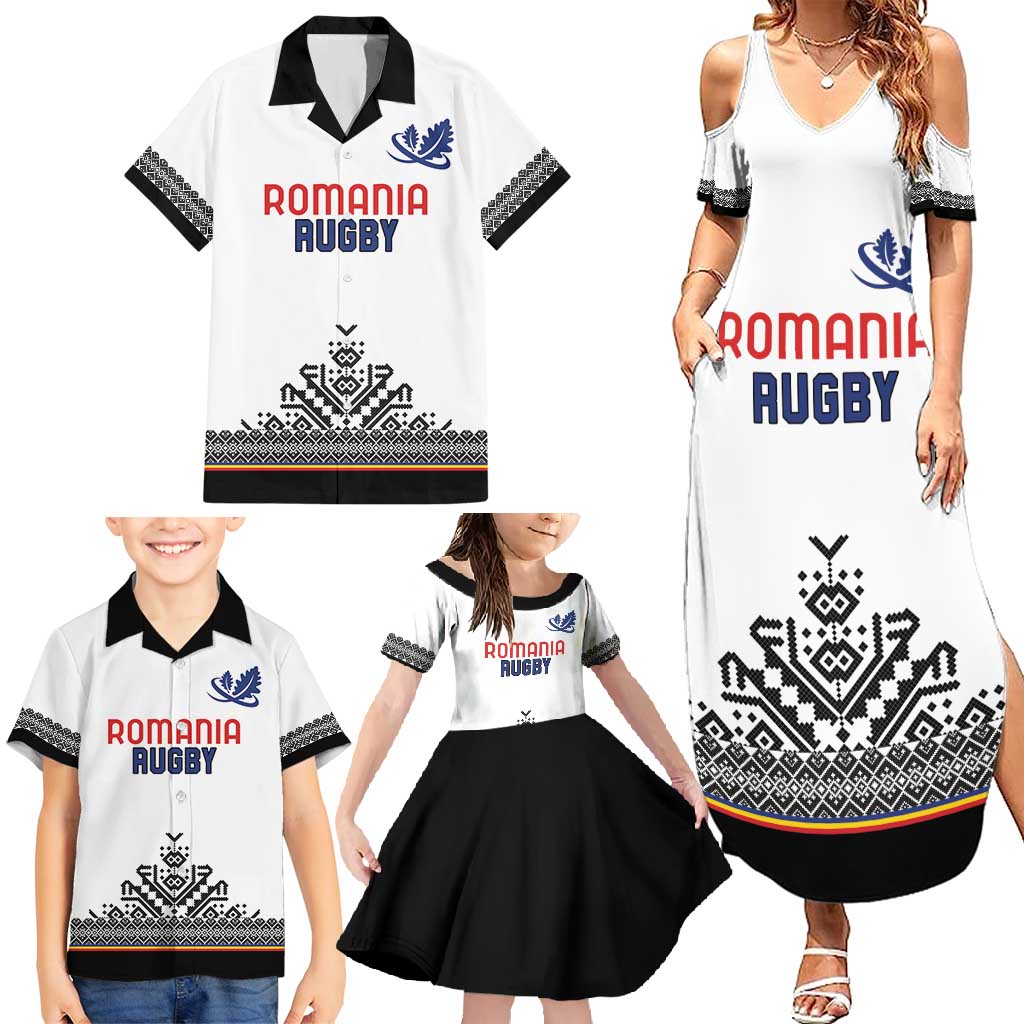 Custom Romania Rugby Family Matching Summer Maxi Dress and Hawaiian Shirt White Version Retro Style