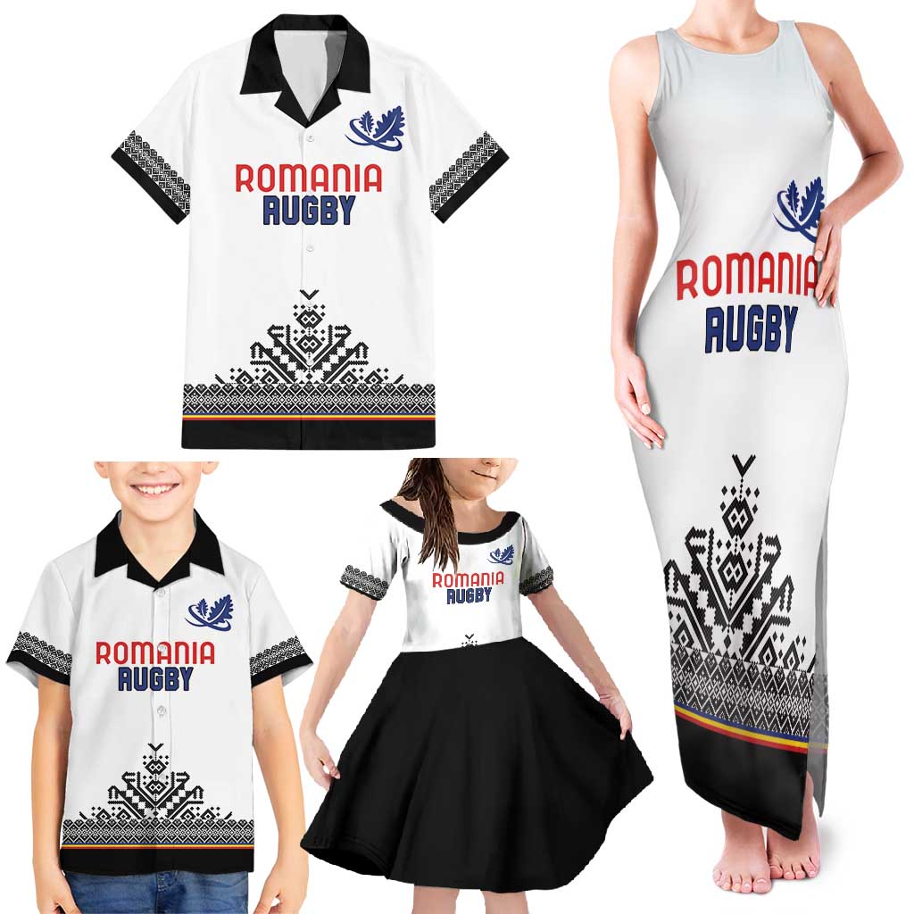 Custom Romania Rugby Family Matching Tank Maxi Dress and Hawaiian Shirt White Version Retro Style