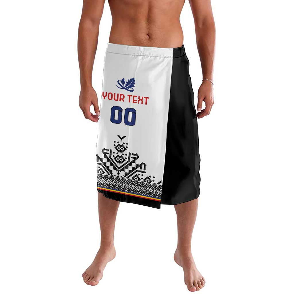 Rugby shorts, white with black side panel; blue emblem and red text, number 00
