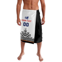 Rugby shorts, white with black side panel; blue emblem and red text, number 00
