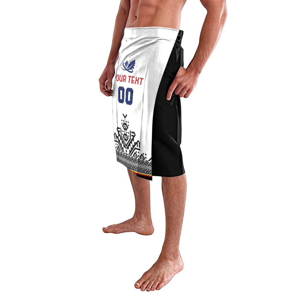 Rugby shorts, white front with black side panel; blue emblem and number 00
