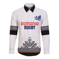 White long-sleeve button rugby shirt with black collar, Romania Rugby crest and graphic