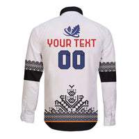 White long-sleeve button rugby shirt with black collar, back crest, YOUR TEXT and blue number