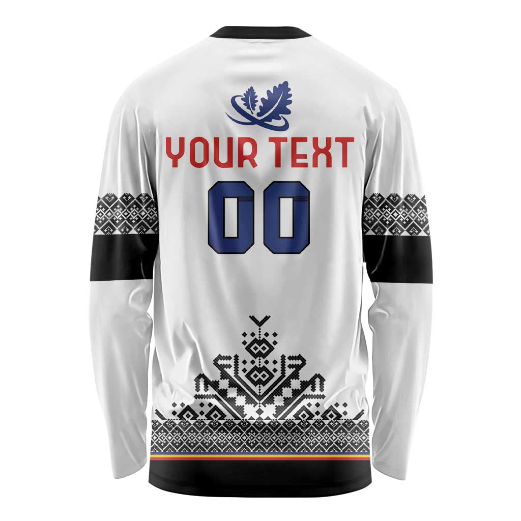 White long sleeve rugby shirt, black shoulder stripes, back 'YOUR TEXT' and 00