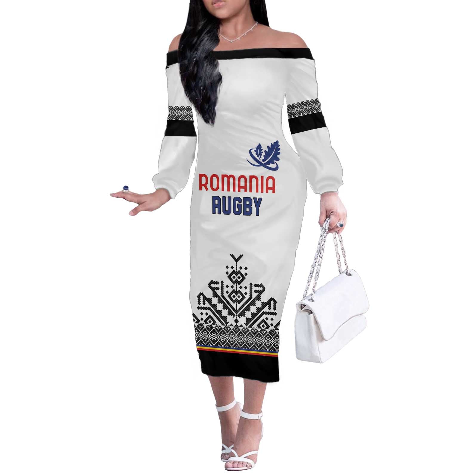 Custom Romania Rugby Off The Shoulder Long Sleeve Dress White Version Retro Style