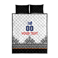 White quilt bed set with blue “00” and red “YOUR TEXT”, geometric black border and two black pillowcases