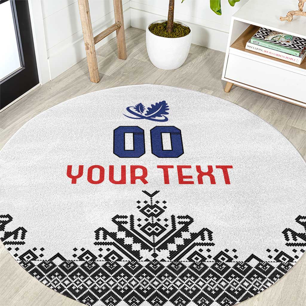 Round white rug with blue icons, red “YOUR TEXT,” and black geometric border