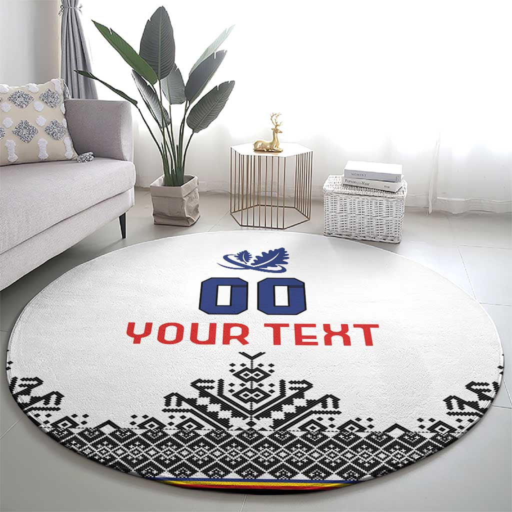 Round white rug with red “YOUR TEXT,” blue icons, and black repeating geometric design