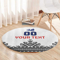 Round white rug featuring red “YOUR TEXT,” blue squares, and black patterned edge